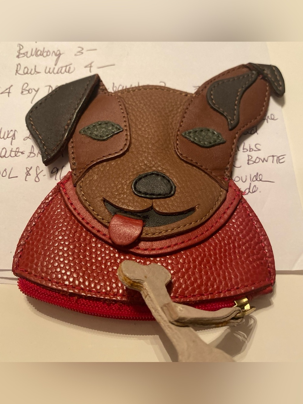 JP Ourse & Cie Red and Brown Dog Face Leather Zip Coin Purse - Cute